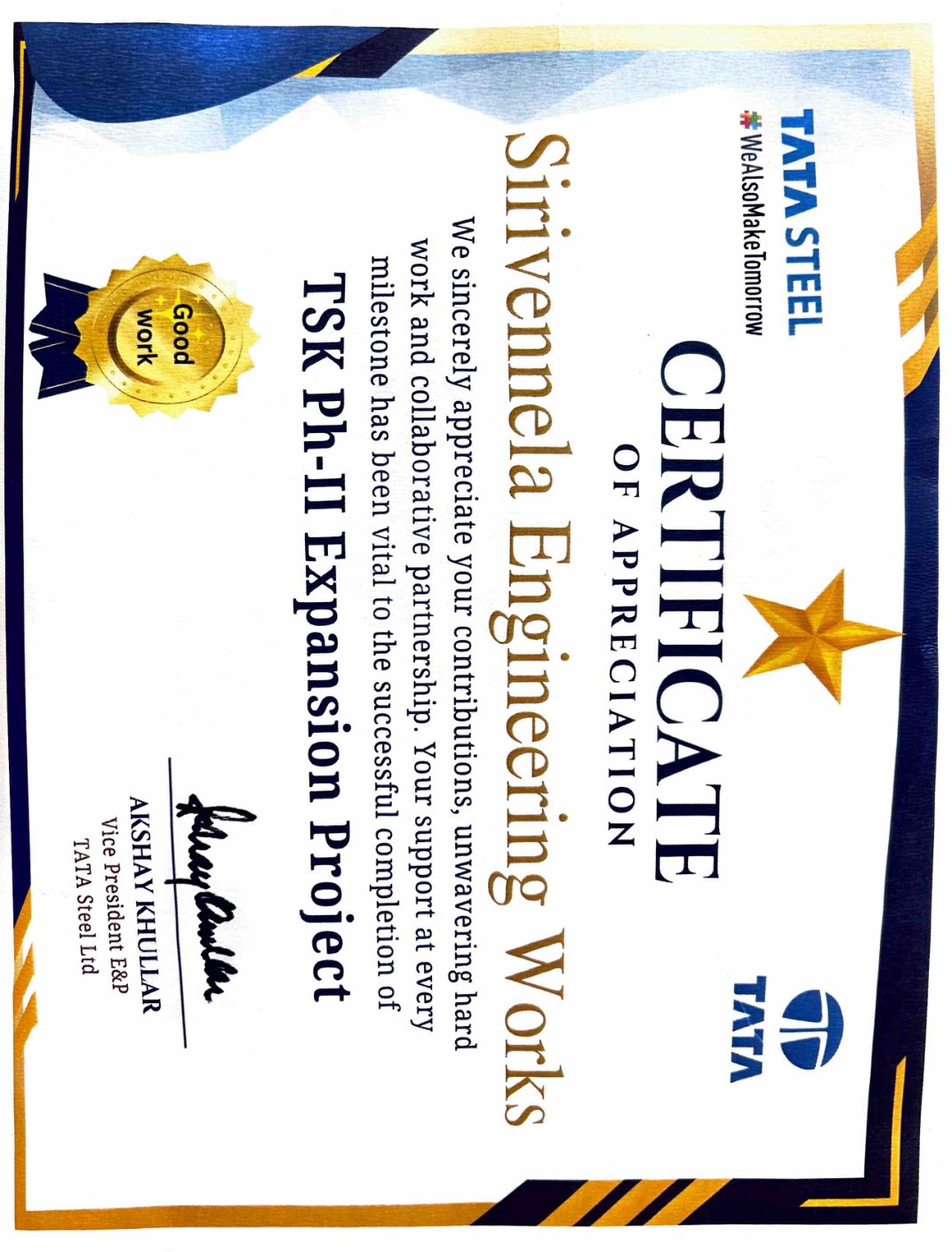 Tata Steel Certificate of Appreciation